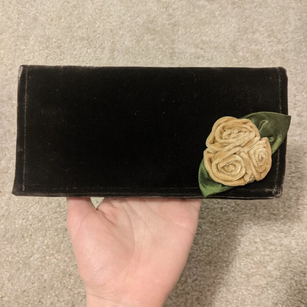 Brown velvet wallet/clutch with tan velvet flower